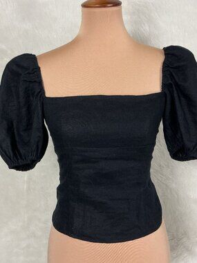Reformation Arancini Black Linen Puff Sleeve Smocked Back Top 4